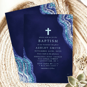 Convites Onda de Glitter Azul e Prata Batismo Aquático