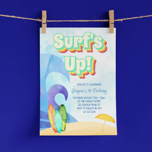 Convites Onda de Surf Aniversário de Um Ano Retro Praia