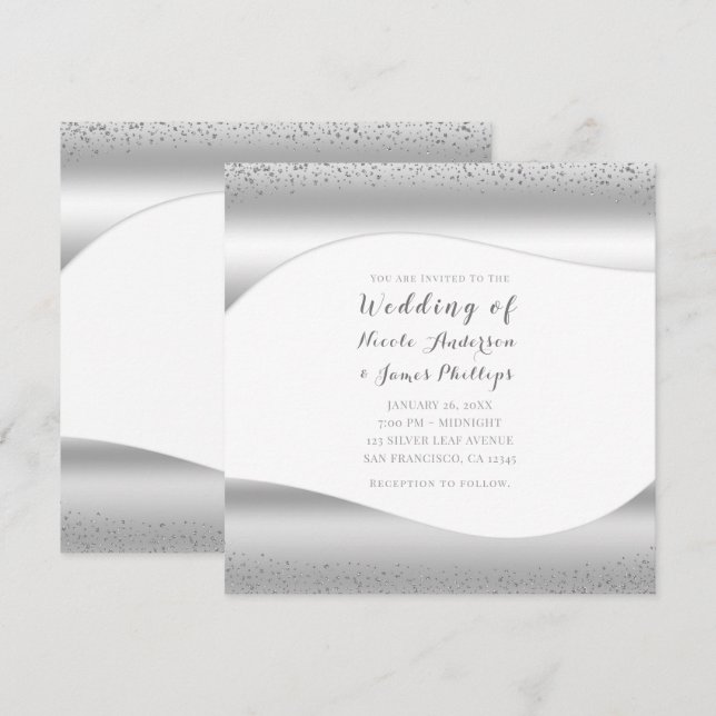 Convites Onda Prateada Brilho Glitter Luxo Glam Casamento (Frente/Verso)