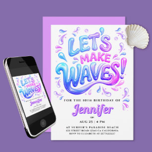 Convites Ondas Cor-de-rosa e Roxo de Surfista Feminina Espa