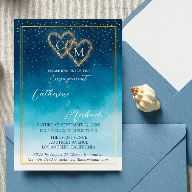 Convites Ondas de Aquarela Azul Oceano com Casamento de Mon (Criador carregado)