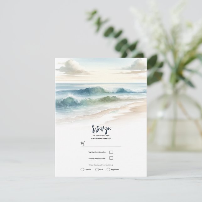 Convites Ondas de Praia em Aquarela Casamento Rústico à Bei (Em pé/Frente)