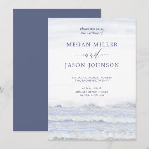 Convites Ondas do Oceano, Azul, Casamento Aquarela Branco