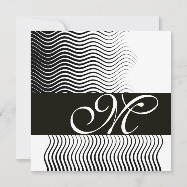 Convites ONDAS ELIGANTES MONOGRAMA, preto e branco (Frente)