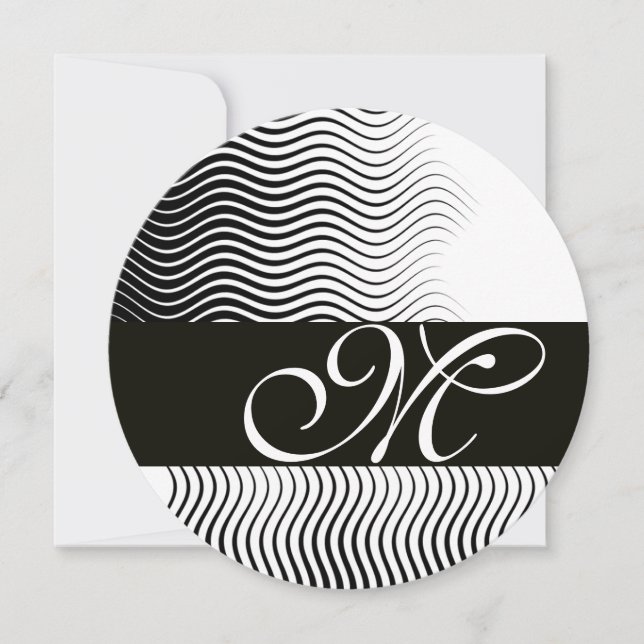 Convites ONDAS ELLEGANTES MONOGRAMA, preto branco (Frente)