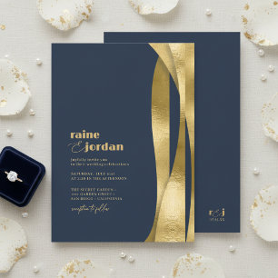 Convites Ondas Esculturais Casamento Ouro Azul Marinho ID13
