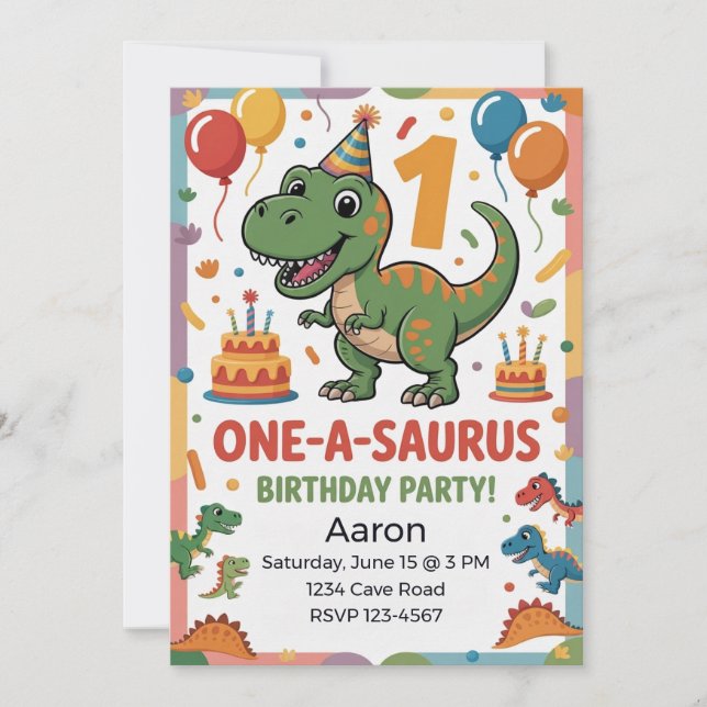 Convites One-A-Saurus 1º Aniversário | Dinossauro Verde (Frente)