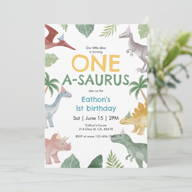 Convites One A Saurus Dinosaur First Birthday Invitation (Em pé/Frente)