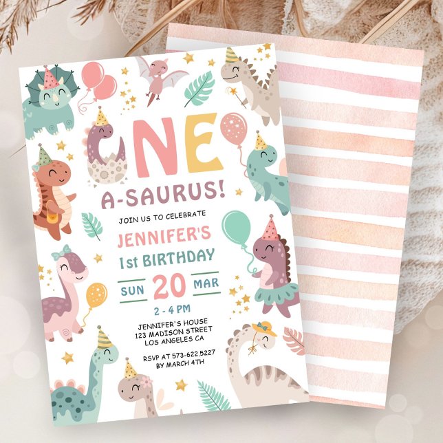 Convites One A Saurus Dinosaur Girl 1st Birthday Invitation (Criador carregado)