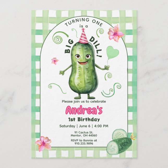 Convites One Big Dill Pickle First Birthday Pink (Frente)