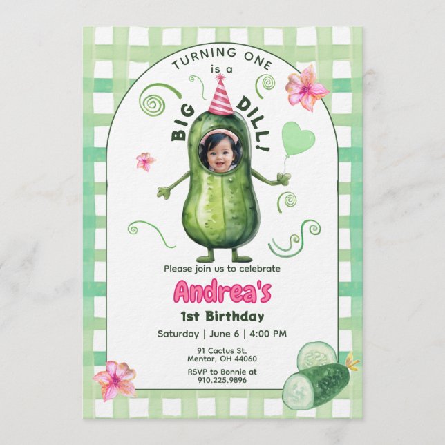 Convites One Big Dill Pickle First Birthday Pink Photo (Frente)