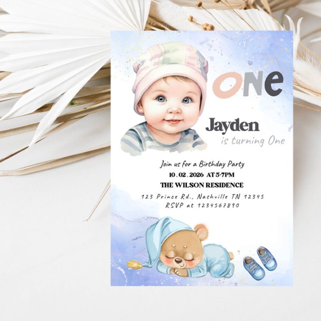 Convites ONE Boy 1st Birthday Party-Minimal First Birthday  (Criador carregado)