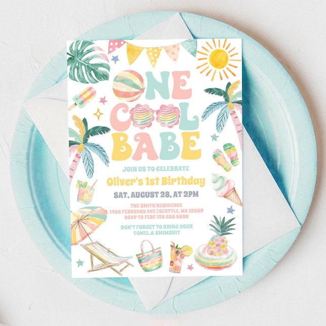 Convites One Cool Babe Beach Party Summer 1st Birthday  (Criador carregado)