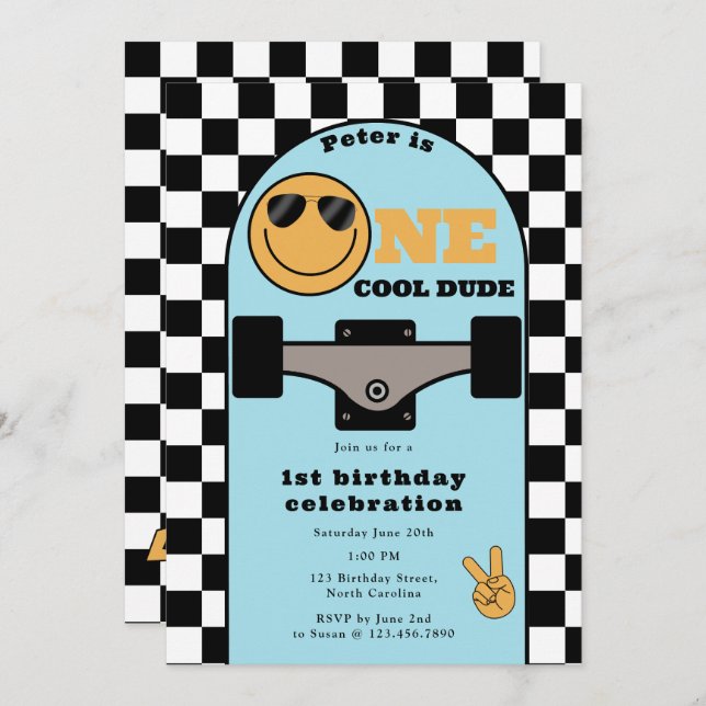 Convites One Cool Dude Invite 1st First Birthday Skateboard (Frente/Verso)