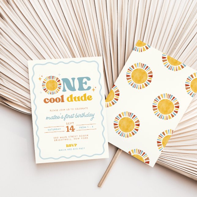 Convites One Cool Dude Retro Sun First Birthday Invitation (Criador carregado)