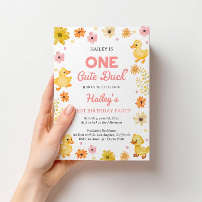 Convites One Cute Duck First Birthday Invitation (One Cute Duck first birthday invitation for a sweet and playful baby girl party. 🐥🎉)