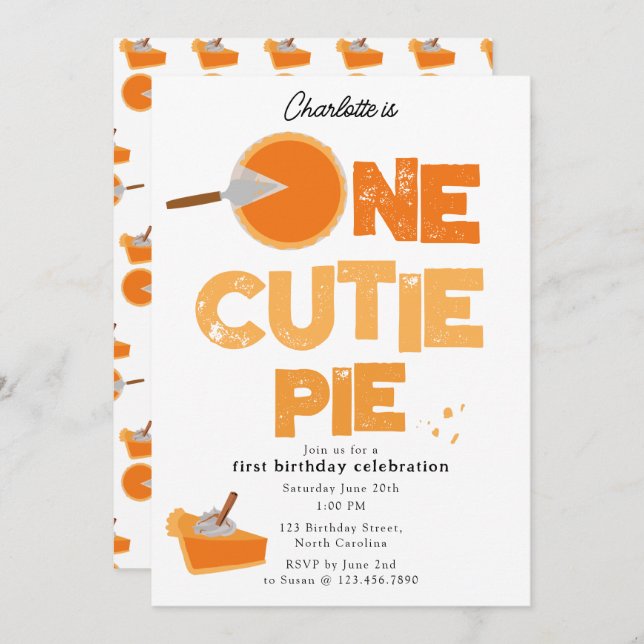 Convites One Cutie Pie Invite 1st First Birthday Cute (Frente/Verso)