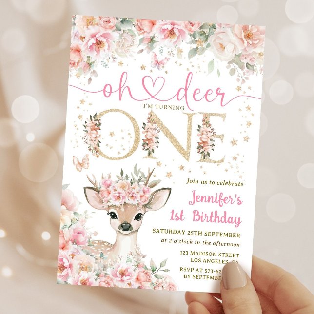 Convites One-Deer-Ful Birthday Girl Pink Gold Invitation (Criador carregado)