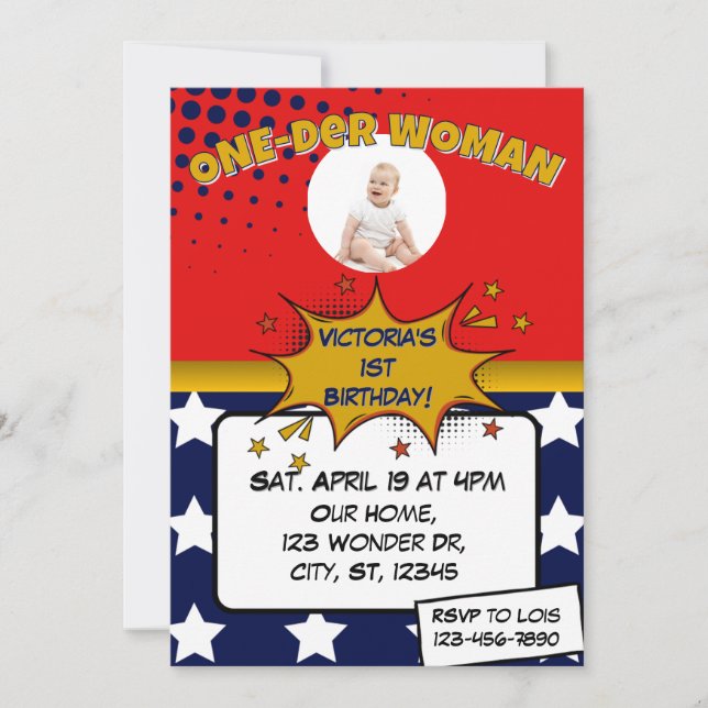 Convites One-Der Woman, Superhero 1st Birthday  (Frente)