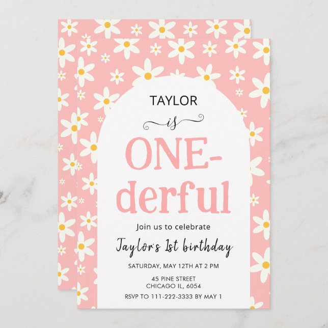 Convites ONE-derful Pink Daisy 1st Birthday (Frente/Verso)