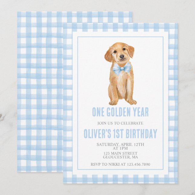 Convites One Golden Year Puppy preppy plaid birthday (Frente/Verso)