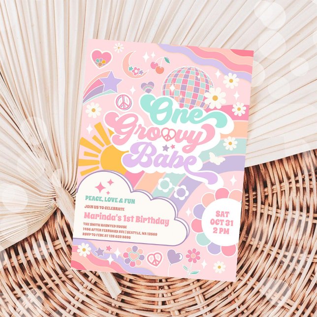 Convites One Groovy Babe Disco Rainbow Sun 1st Birthday (Criador carregado)