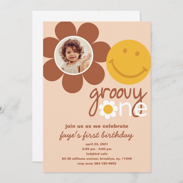 Convites ONE Groovy Baby Invitation (Frente/Verso)