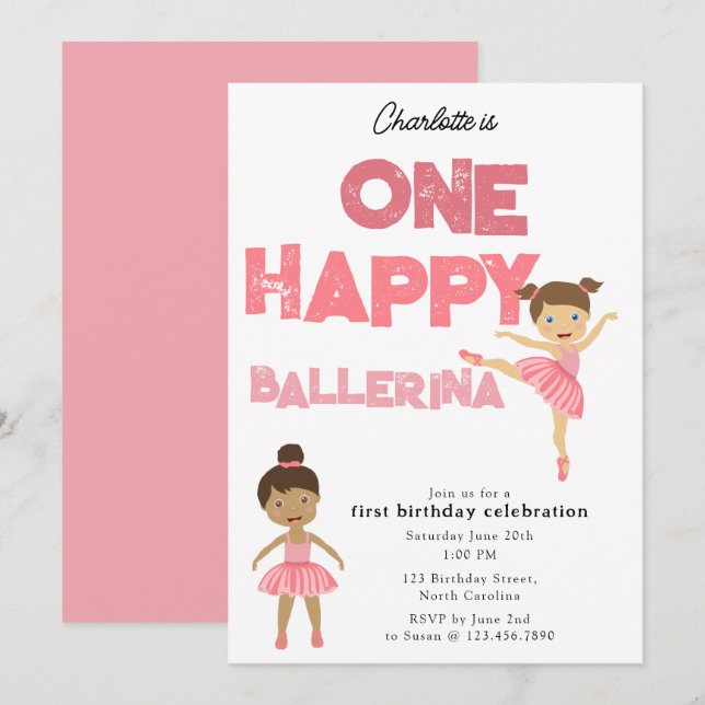 Convites One Happy Ballerina Invite 1st Girl Birthday (Frente/Verso)