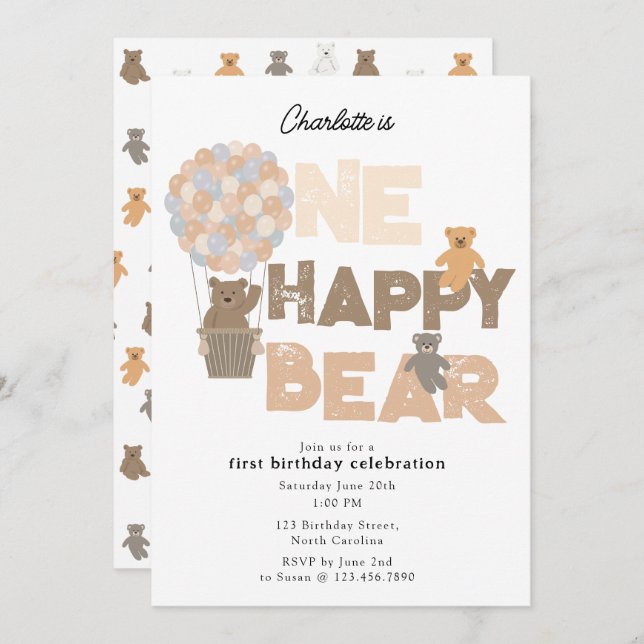Convites One Happy Bear Invite 1st  First Birthday Cute (Frente/Verso)