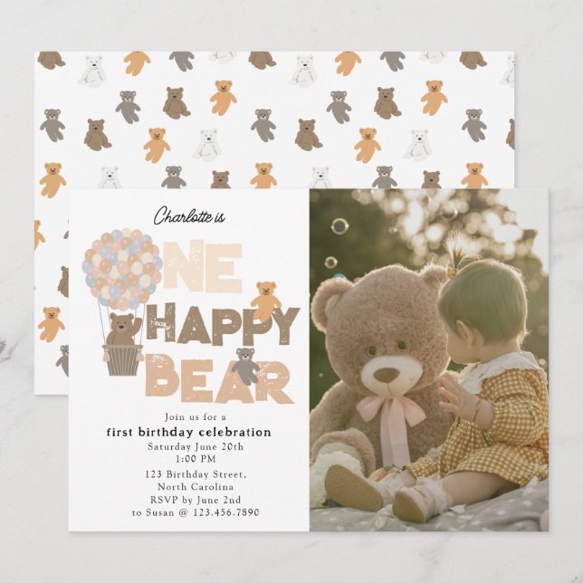 Convites One Happy Bear Invite 1st  First Birthday Photo (Frente/Verso)