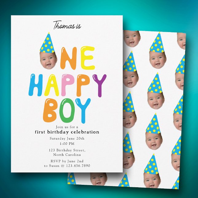 Convites One Happy Boy  Birthday Invite 1st Birthday Photo  (One Happy Boy Birthday Invite 1st Birthday Photo)