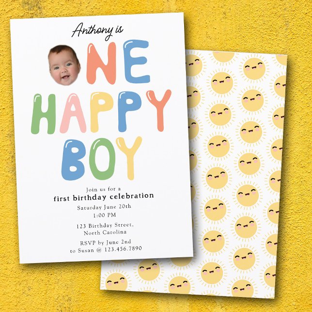 Convites One Happy Boy Birthday Invite 1st Birthday Photo (One Happy Boy Birthday Invite 1st Birthday Photo)