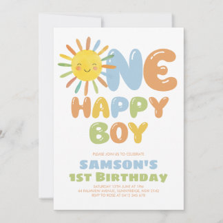 Convites One Happy Boy Sun 1st Birthday Blue
