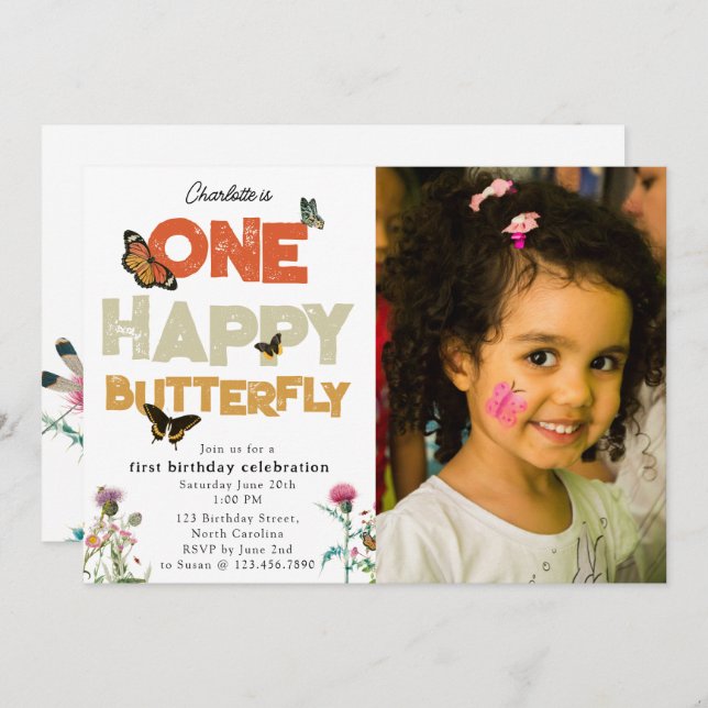 Convites One Happy Butterfly 1st Wildflower Birthday Photo (Frente/Verso)