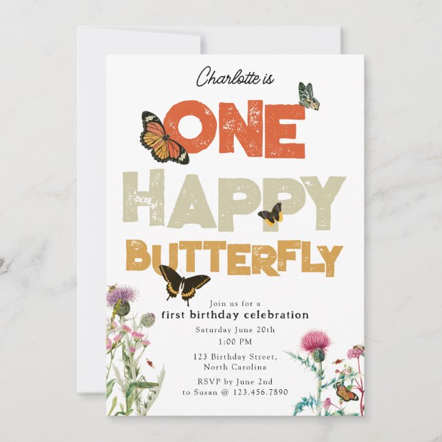 Convites One Happy Butterfly Invite 1st Wildflower Birthday (Frente)