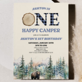 Convites ONE Happy Camper Bear Blue primeiro aniversario Pa