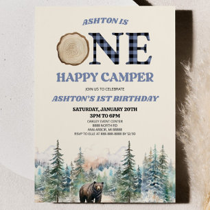 Convites ONE Happy Camper Bear Blue primeiro aniversario Pa