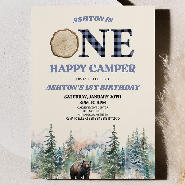 Convites ONE Happy Camper Bear Blue primeiro aniversario Pa (Criador carregado)