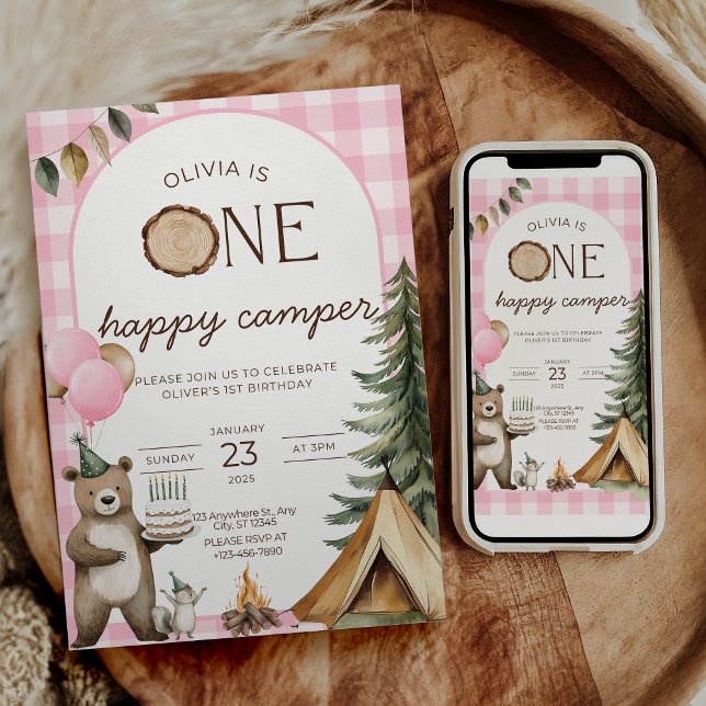 Convites One Happy Camper Birthday Invitation Camping 1st  (Criador carregado)