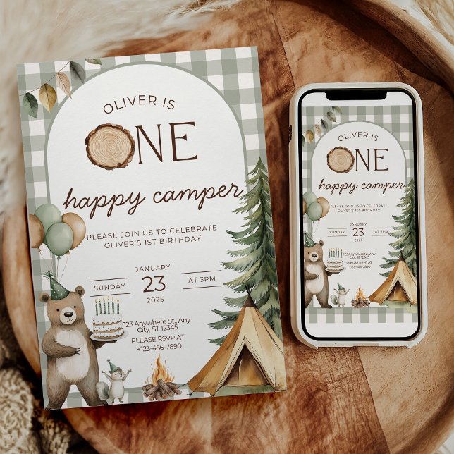 Convites One Happy Camper Birthday Invitation Camping 1st  (Criador carregado)
