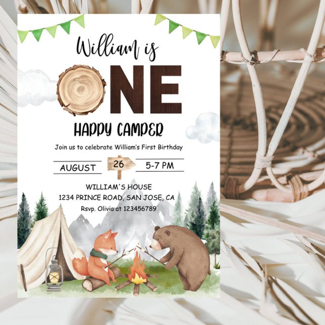 Convites One Happy Camper Boy 1st Birthday Party (Criador carregado)