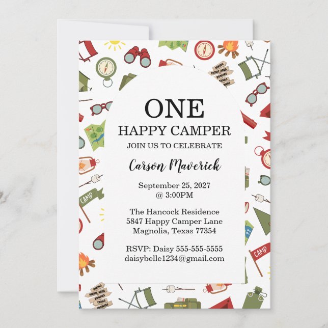 Convites One Happy Camper Boys Birthday  (Frente)