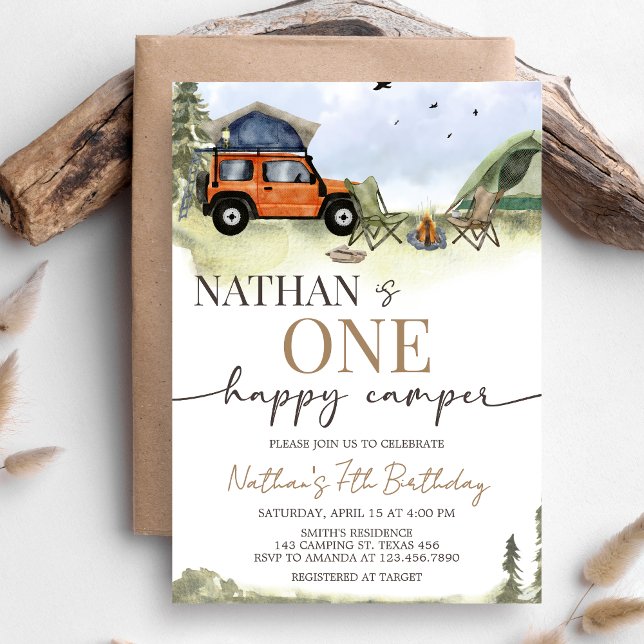 Convites One Happy Camper Camping Boy Birthday (One Happy Camper 1st Birthday Party Invitation)