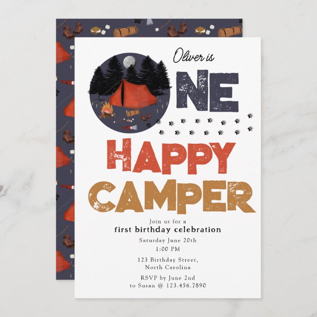 Convites One Happy Camper Invite 1st Summer Birthday (Frente/Verso)
