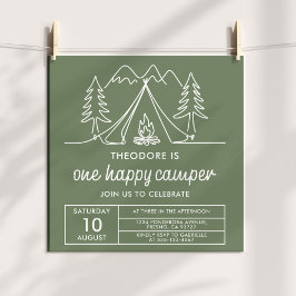 Convites One Happy Camper Minimalist Sage Green Doodle