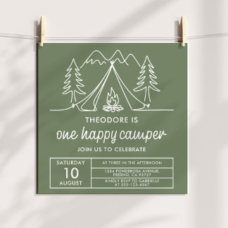 Convites One Happy Camper Minimalist Sage Green Doodle