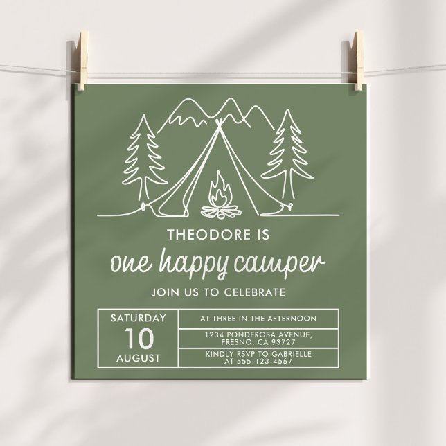 Convites One Happy Camper Minimalist Sage Green Doodle (Criador carregado)