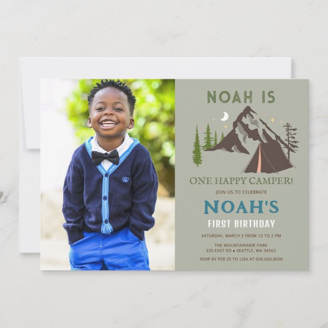 Convites One Happy Camper Photo Boys First Birthday (Frente)