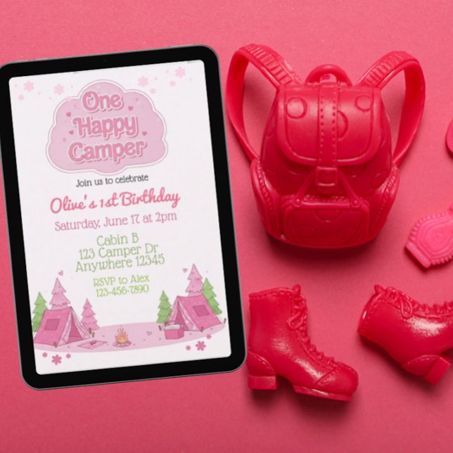 Convites One Happy Camper Pink 1st Birthday (Criador carregado)