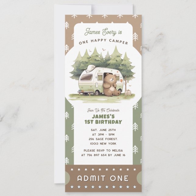 Convites One Happy Camper Ticket Admit One (Frente)